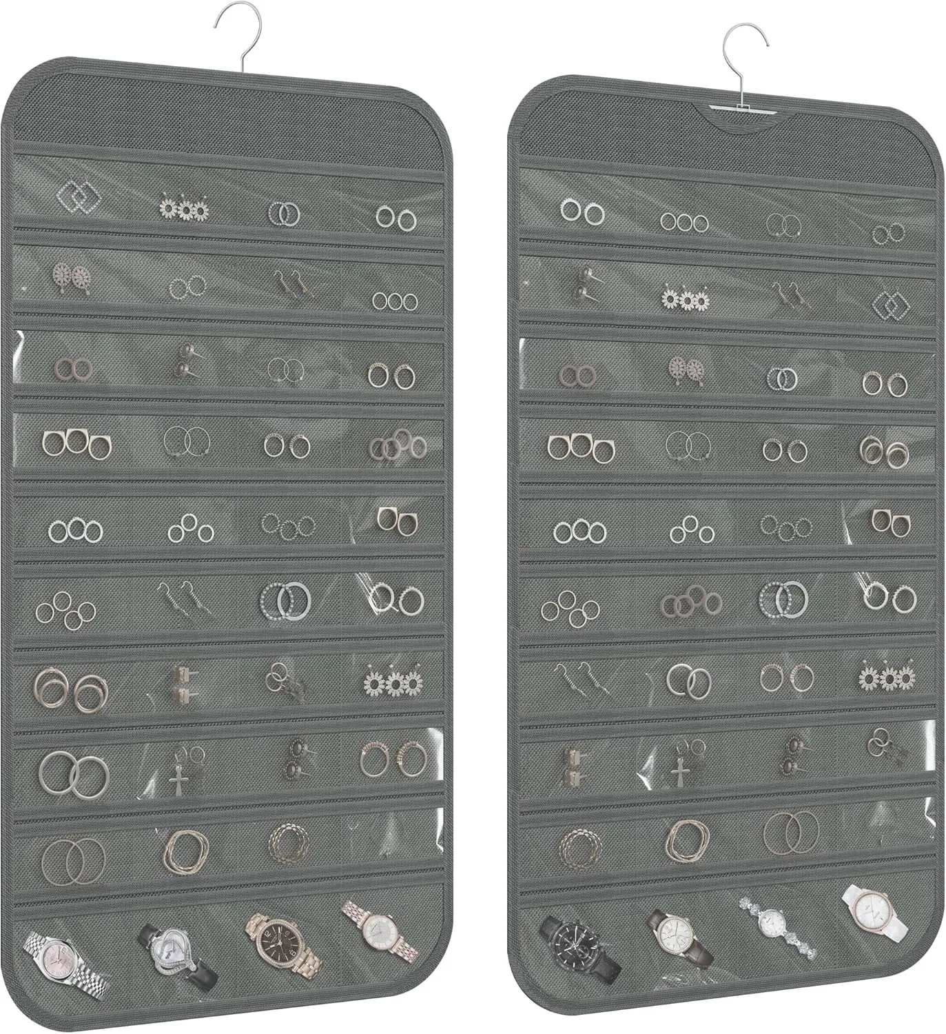 1-Pack Hanging Jewelry Organizer 80-Pocket Dual-sided Jewelry Storage for Jewelry Earring Necklace Bracelet Ring Storage Travel Holder, Gray