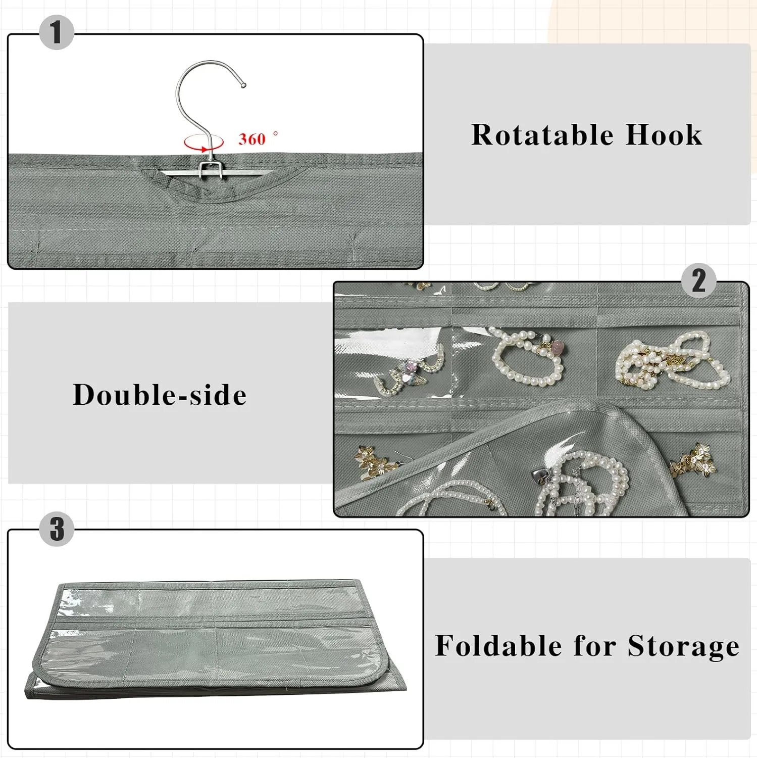 1-Pack Hanging Jewelry Organizer 80-Pocket Dual-sided Jewelry Storage for Jewelry Earring Necklace Bracelet Ring Storage Travel Holder, Gray