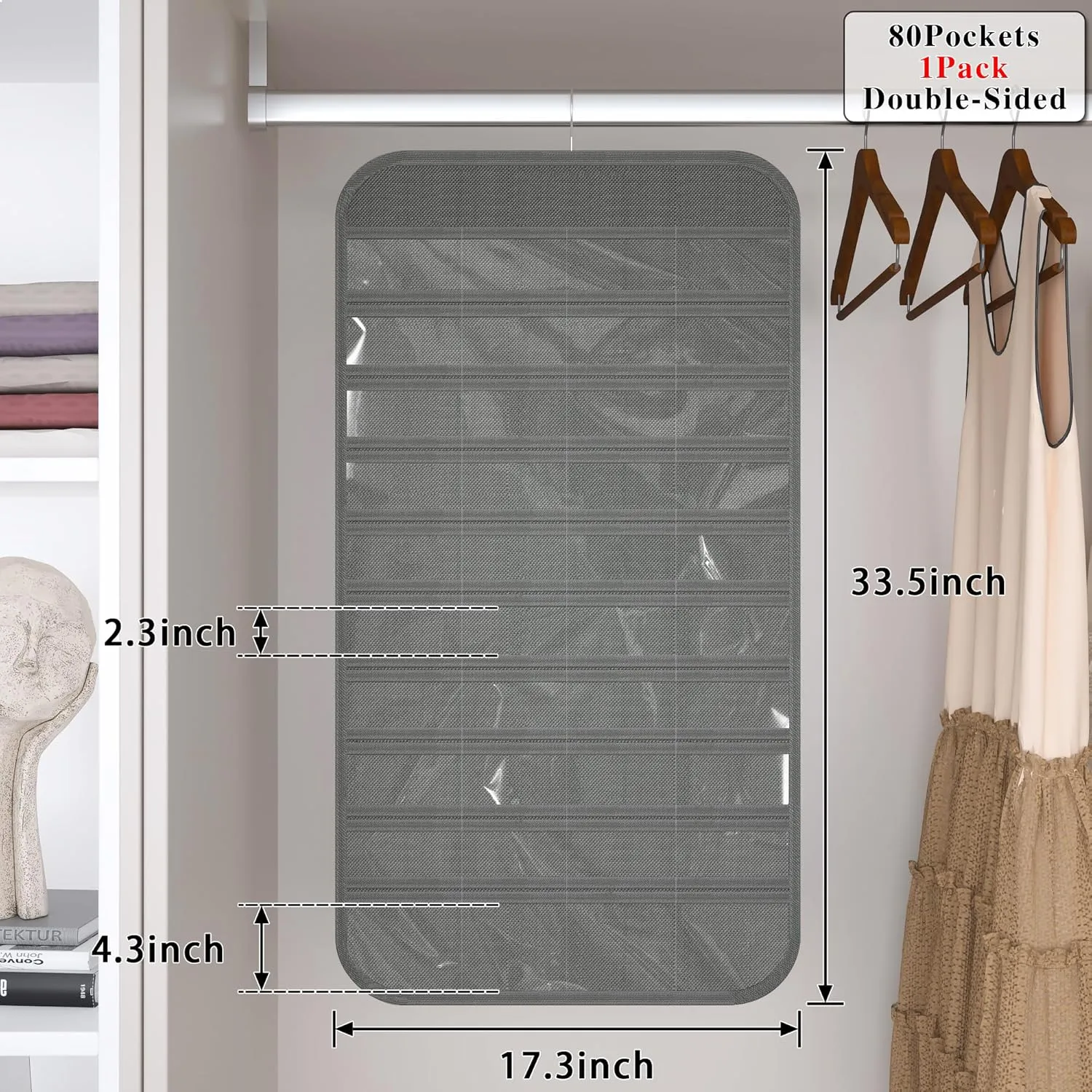1-Pack Hanging Jewelry Organizer 80-Pocket Dual-sided Jewelry Storage for Jewelry Earring Necklace Bracelet Ring Storage Travel Holder, Gray