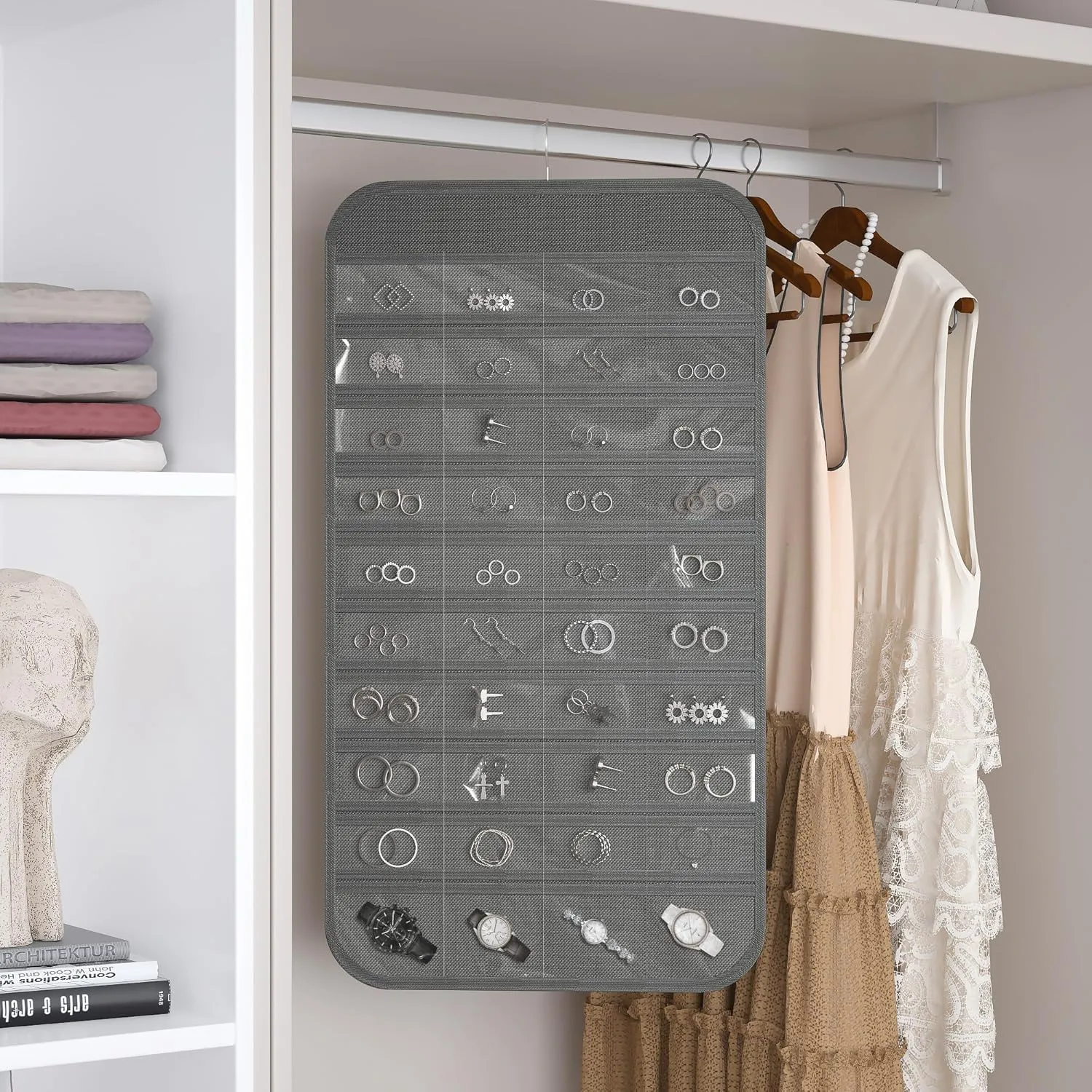 1-Pack Hanging Jewelry Organizer 80-Pocket Dual-sided Jewelry Storage for Jewelry Earring Necklace Bracelet Ring Storage Travel Holder, Gray