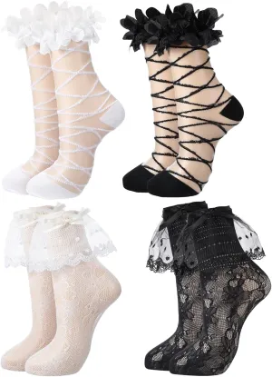4 Pairs of Womens Lace Socks Ruffle Cuff Lace Anklet Socks with Trim Kawaii Lolita Boot Stockings, White Black