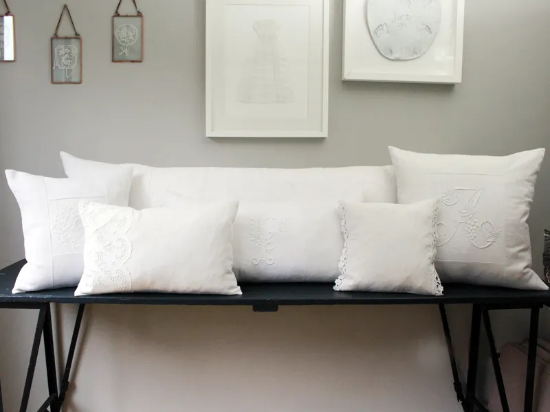 40cm Square Cushion - Antique French White on White Floral Embroidery on Linen
