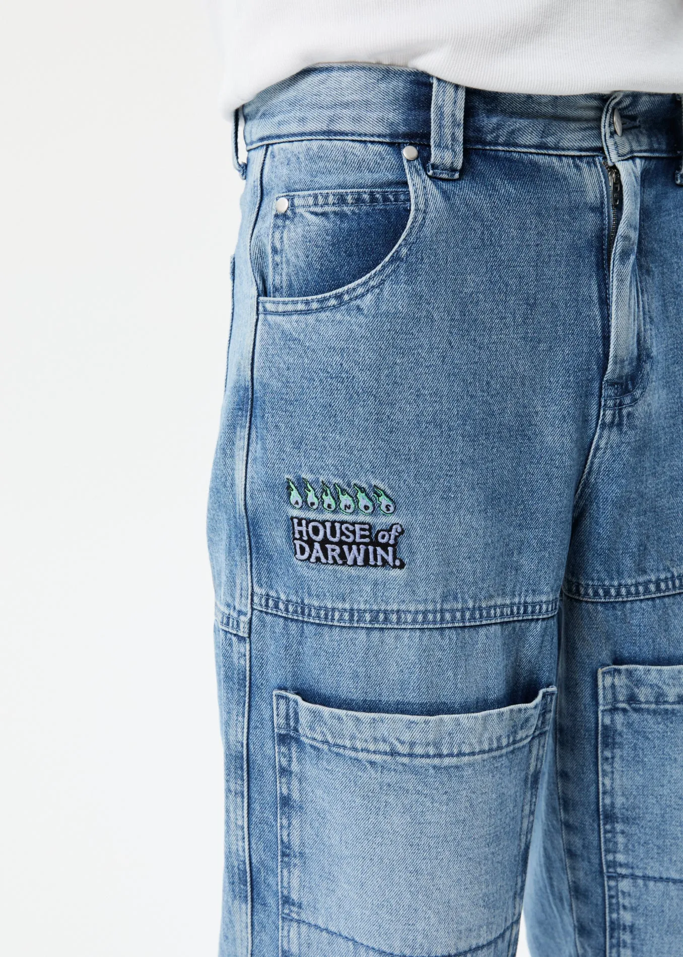 AFENDS Unisex House Of Darwin Moss - Unisex Denim Carpenter Jeans - Worn Blue