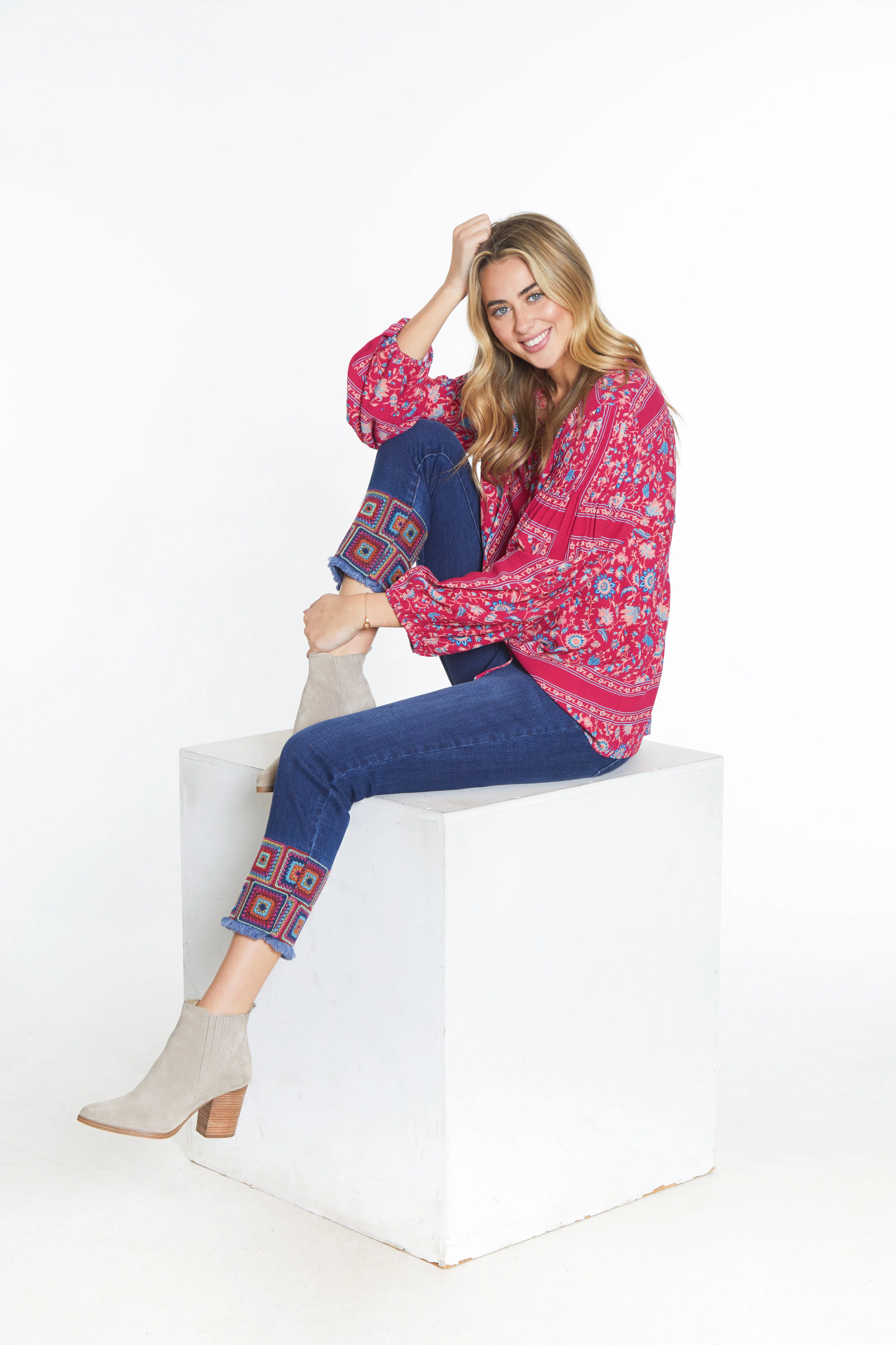 Ankle Jean with Embroidered Hem - Dark Indigo