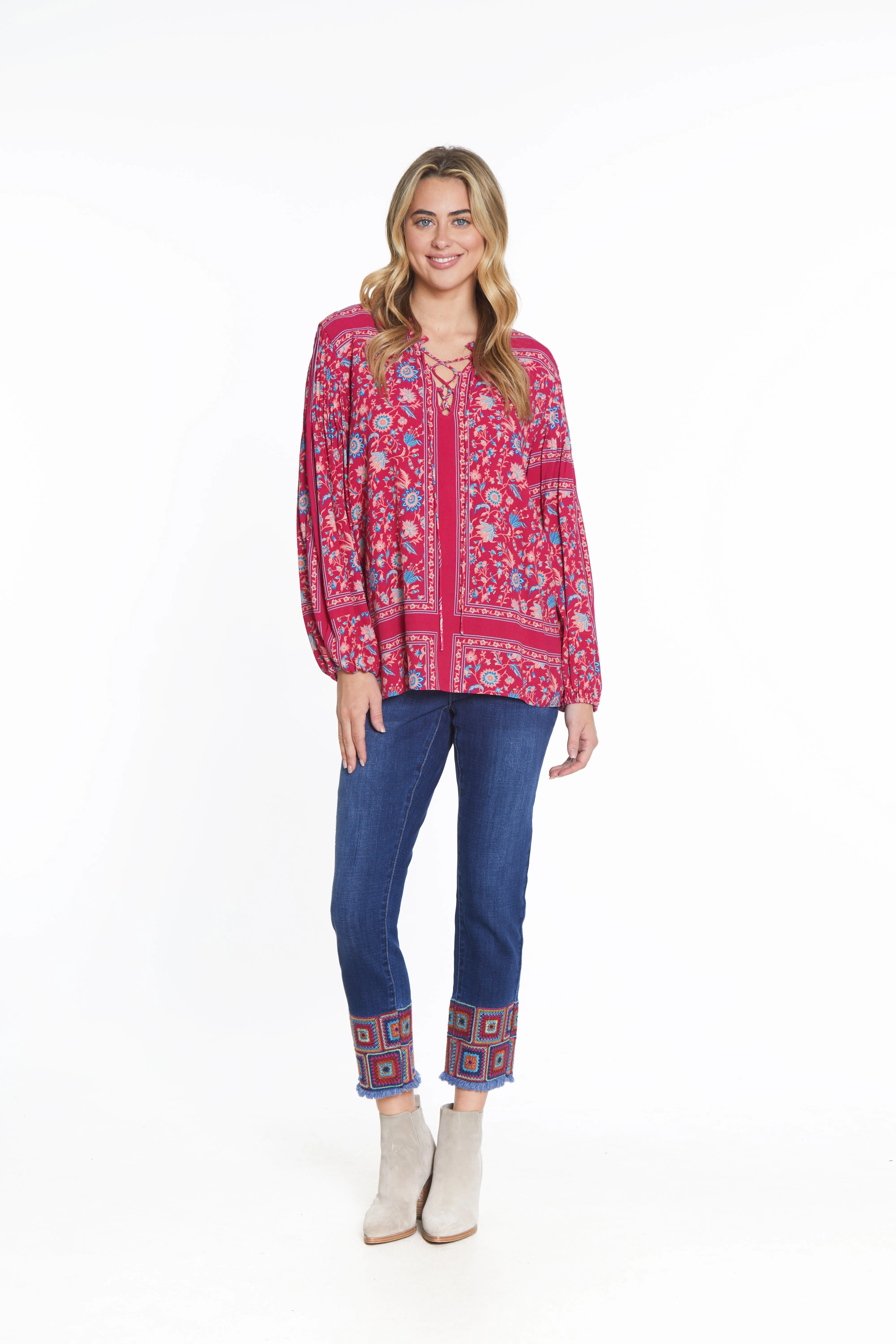 Ankle Jean with Embroidered Hem - Dark Indigo