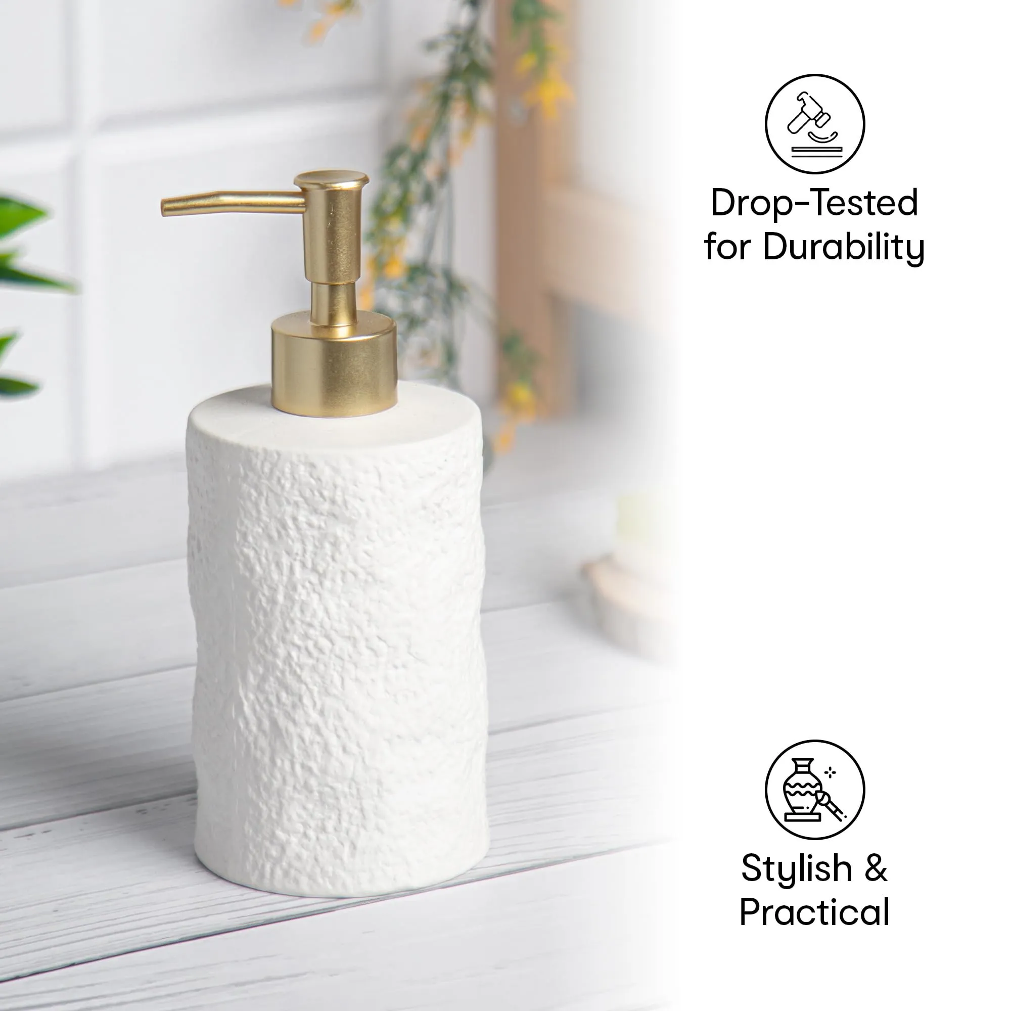 Anko Textured Soap Dispenser | Bathroom Sanitizer, Lotion, Shampoo Dispenser | Handwash Bottle for Kitchen | Soap Dispenser for Wash Basin | Bathroom Accessories | 18.4cm (H) x 7.8cm (Dia.)| White