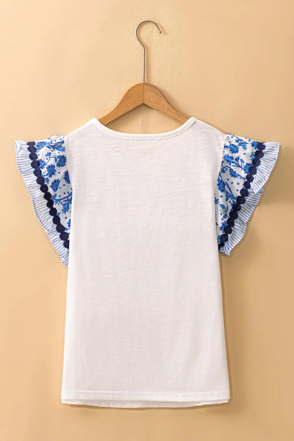 Apvirdy Women Ricrac Trim Printed Flutter Sleeve Tops Crew Neck Contrast Patchwork Blouse