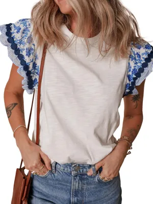 Apvirdy Women Ricrac Trim Printed Flutter Sleeve Tops Crew Neck Contrast Patchwork Blouse