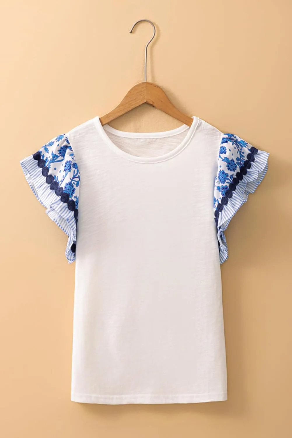 Apvirdy Women Ricrac Trim Printed Flutter Sleeve Tops Crew Neck Contrast Patchwork Blouse