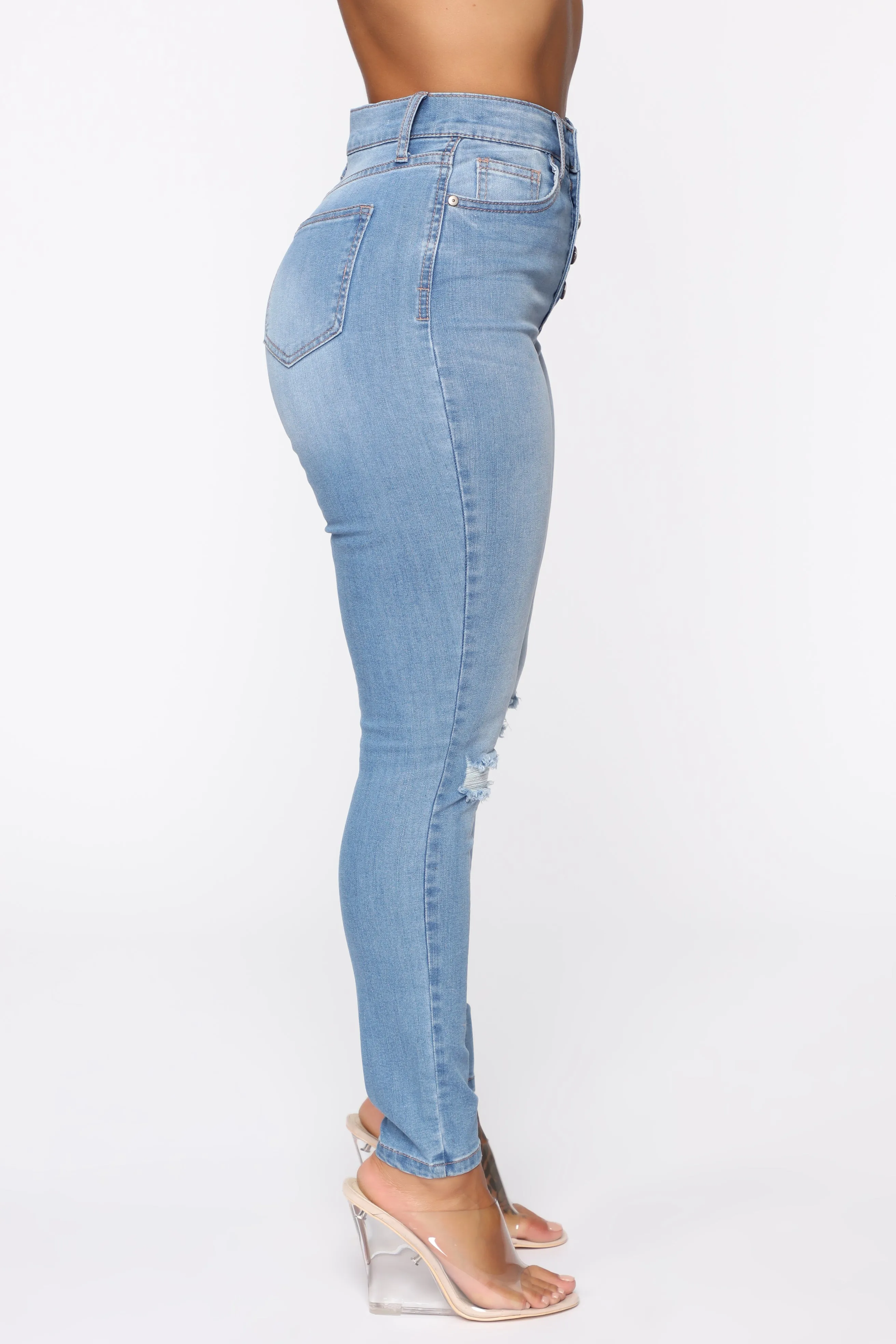 Bad Trip Exposed Button Skinny Jeans - Light Blue Wash