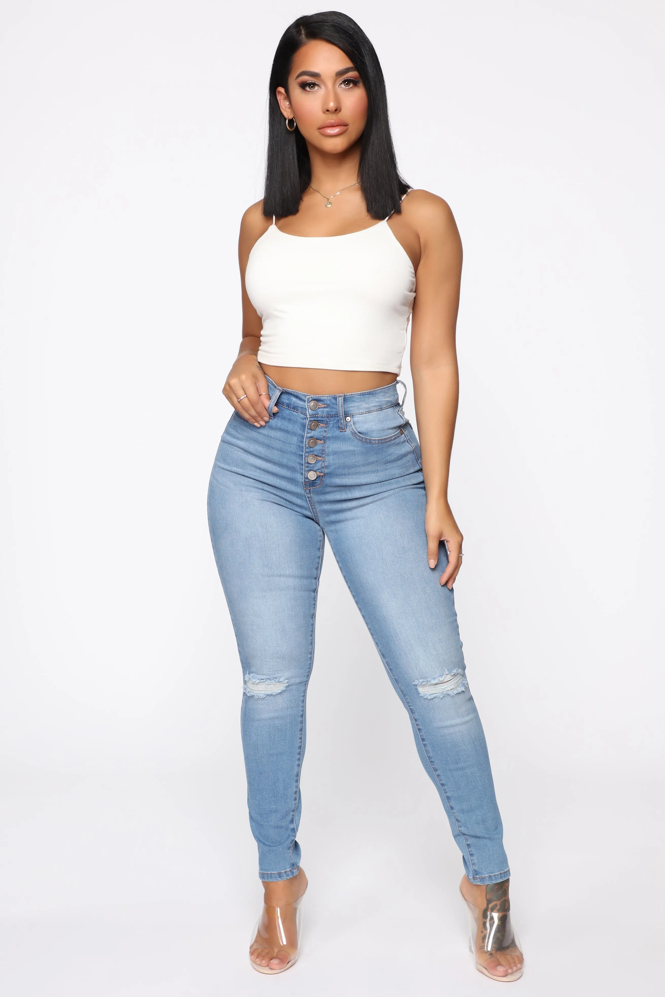 Bad Trip Exposed Button Skinny Jeans - Light Blue Wash