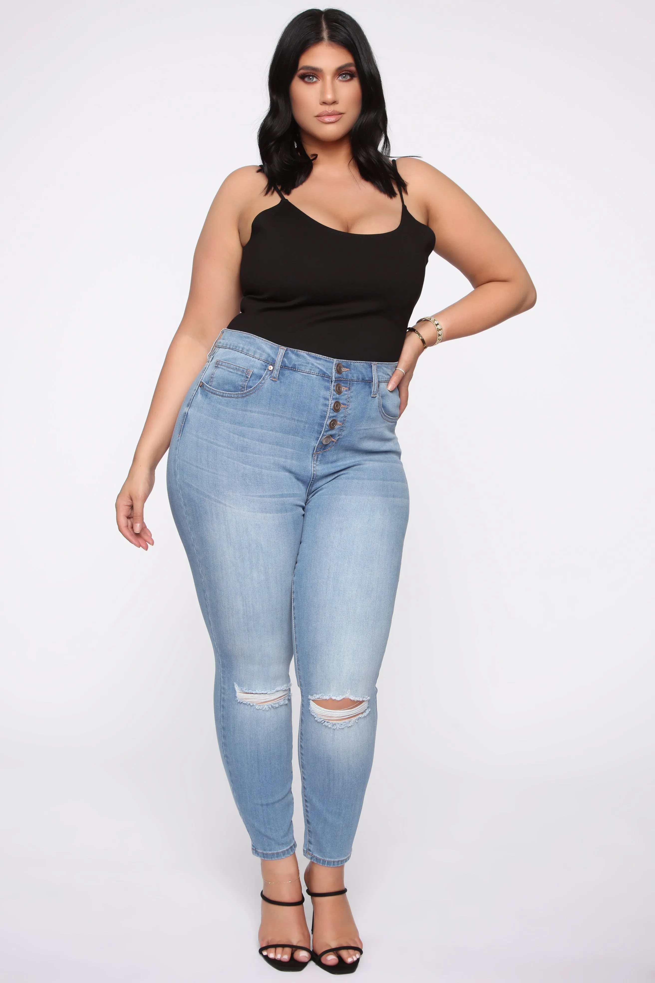 Bad Trip Exposed Button Skinny Jeans - Light Blue Wash