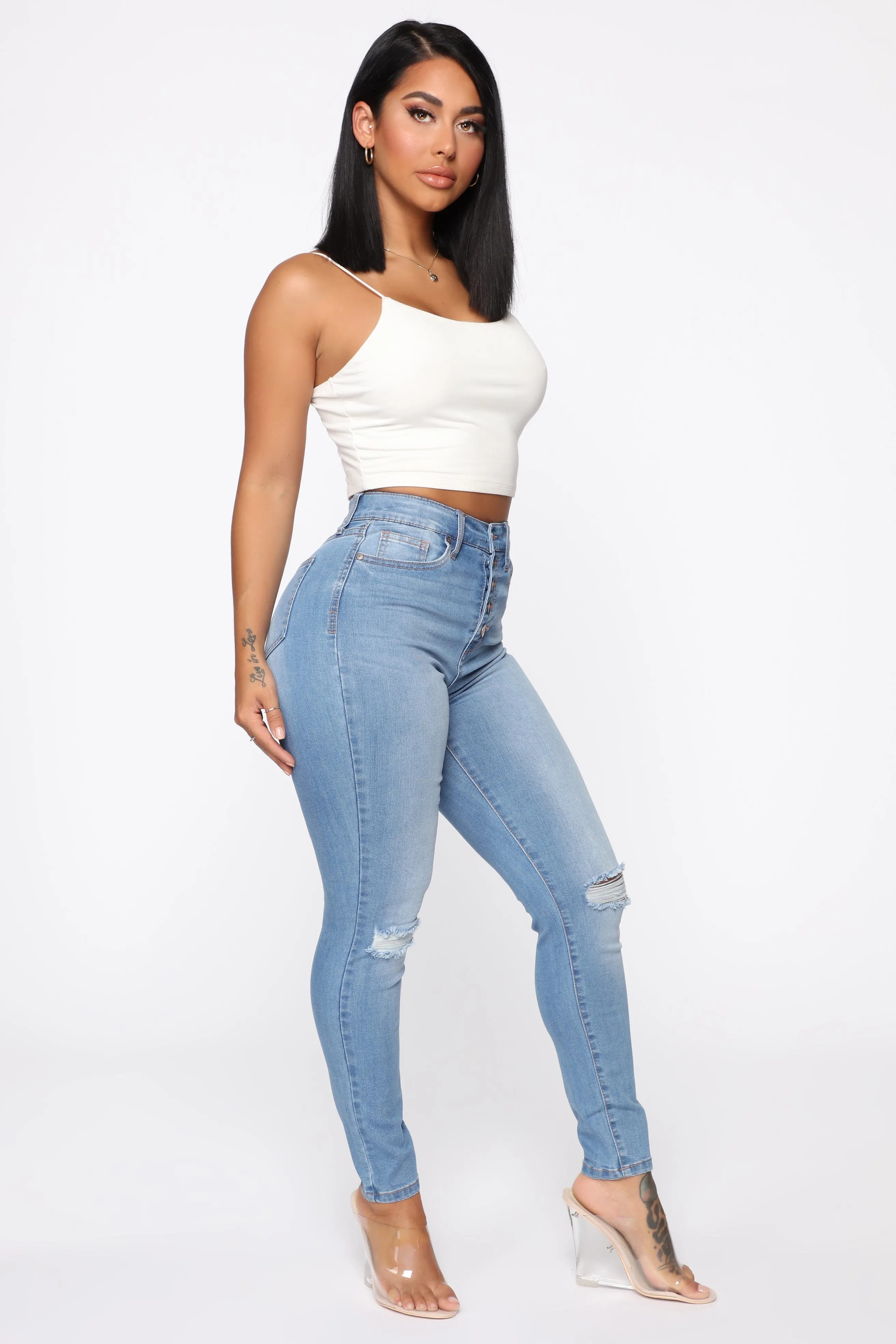 Bad Trip Exposed Button Skinny Jeans - Light Blue Wash