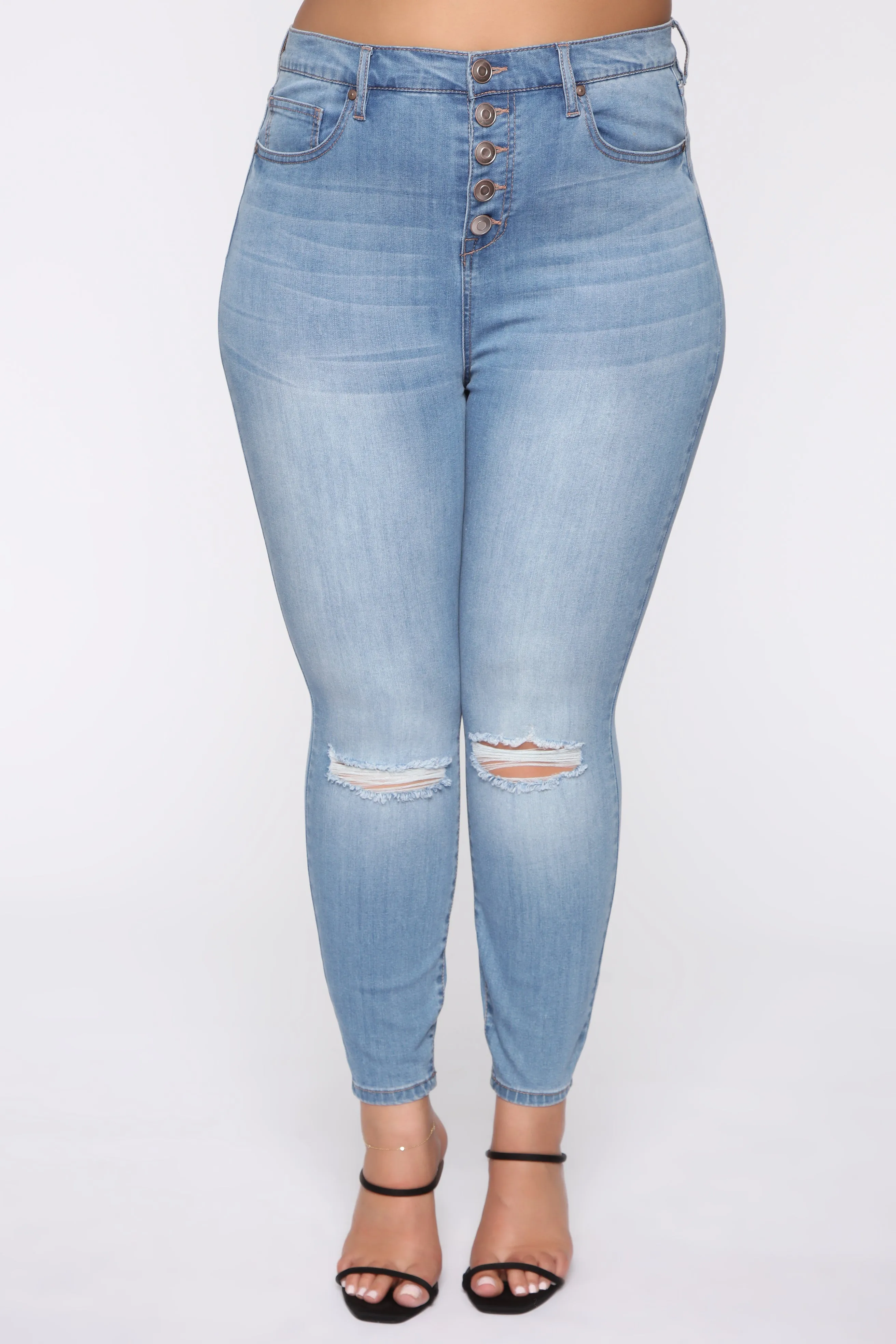Bad Trip Exposed Button Skinny Jeans - Light Blue Wash