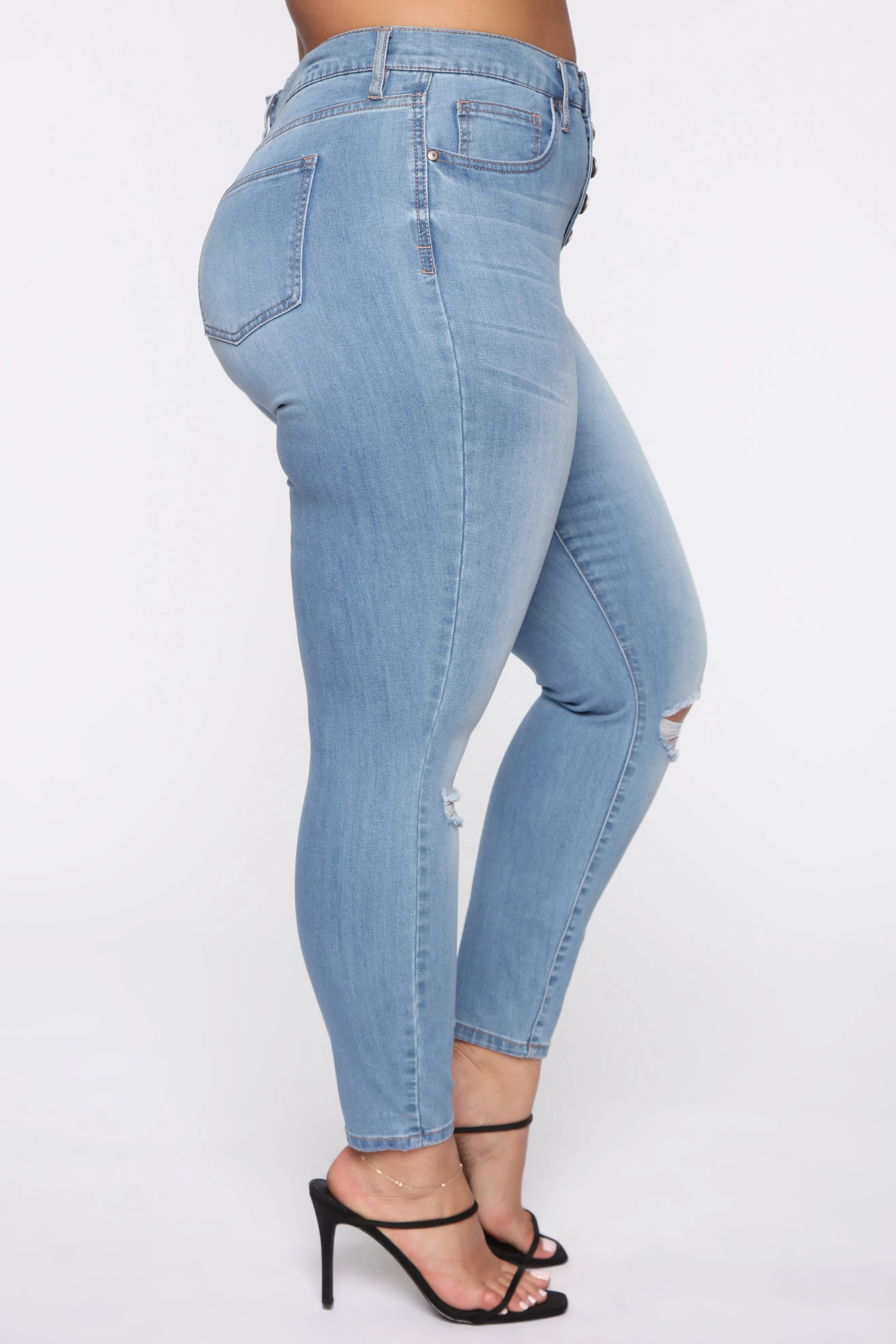 Bad Trip Exposed Button Skinny Jeans - Light Blue Wash