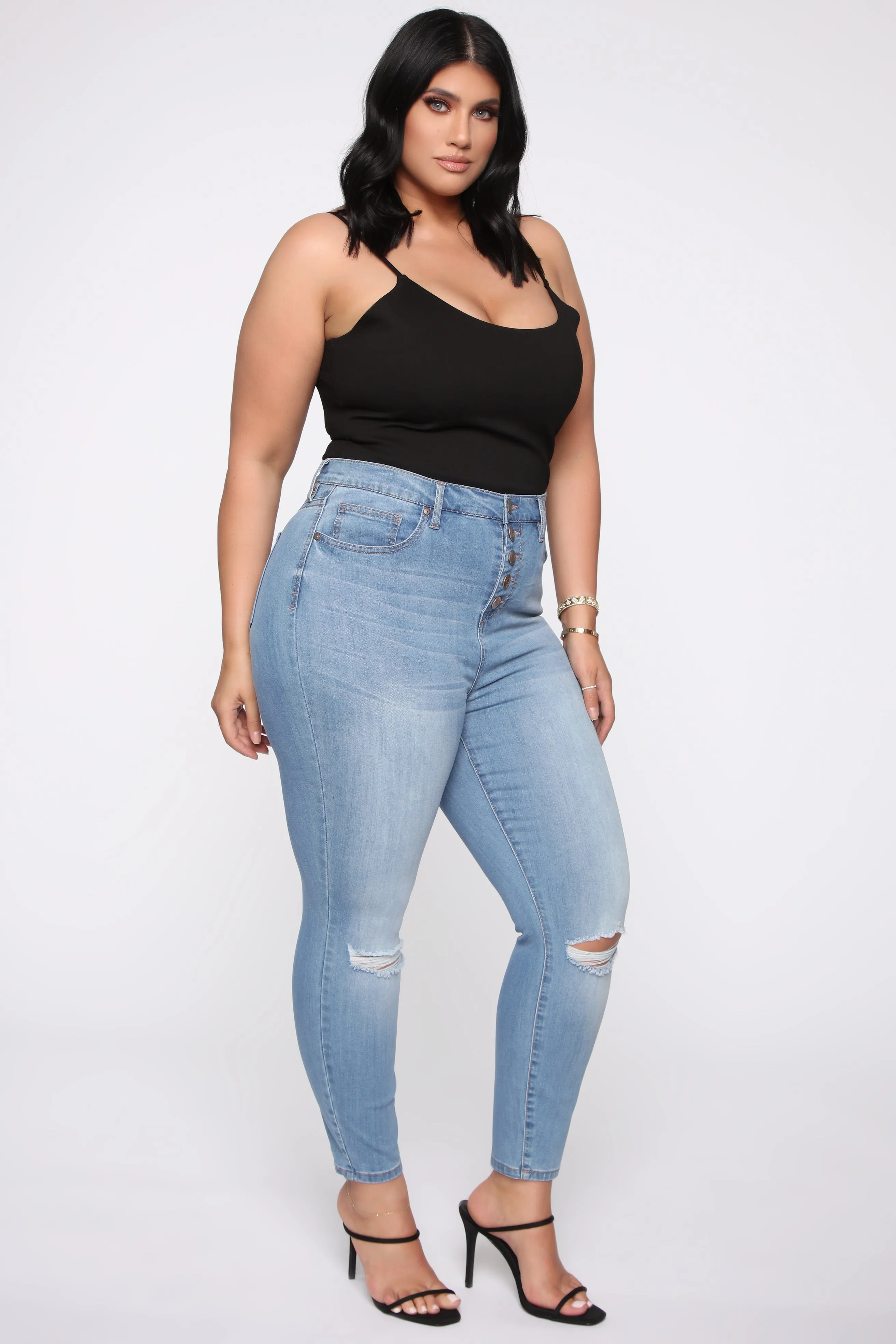 Bad Trip Exposed Button Skinny Jeans - Light Blue Wash