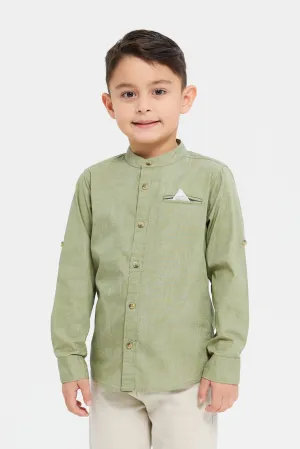 Boys Olive Printed Mandarin Shirt
