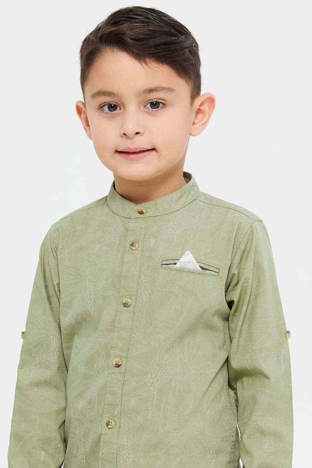 Boys Olive Printed Mandarin Shirt