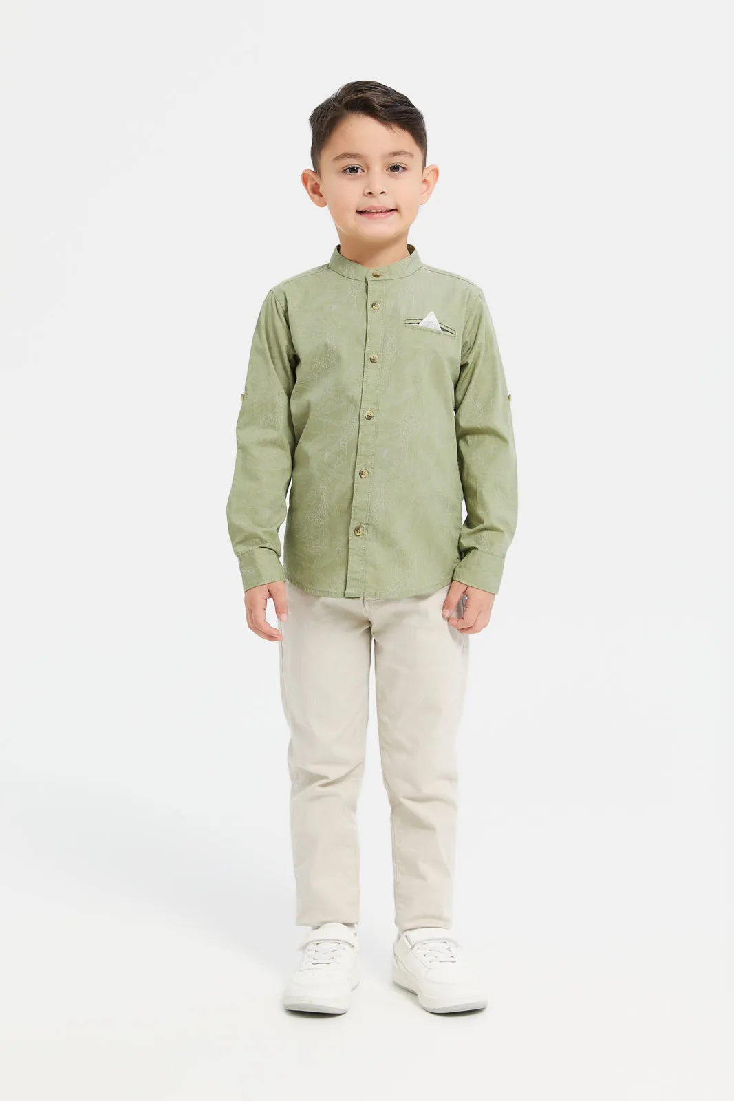 Boys Olive Printed Mandarin Shirt
