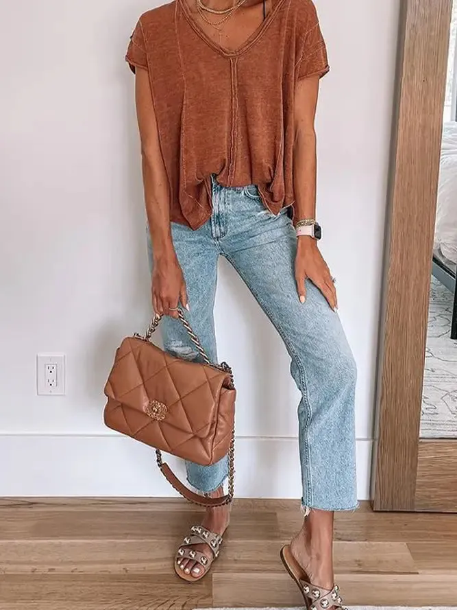 Brown Vintage V Neck Tee