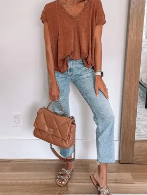 Brown Vintage V Neck Tee