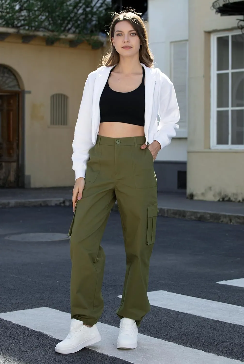 Cargo Pants for Women High Waisted Women's Y2K Baggy Casual Pants with 6 Pockets and Elastic Waist