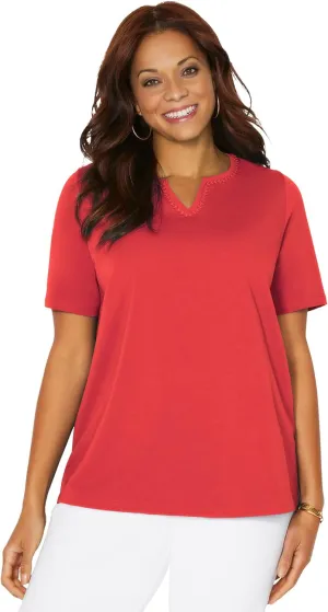 Catherines Women's Plus Size Suprema Embroidered Notch-Neck Tee