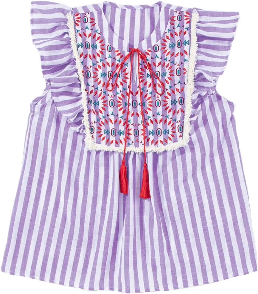 Chvity Women's Embroidered Peplum Tops - Bohemian Stripe Geo Pattern V-Neck 2025 Blouse Shirts with Ruffle Hem & Tassel Tie