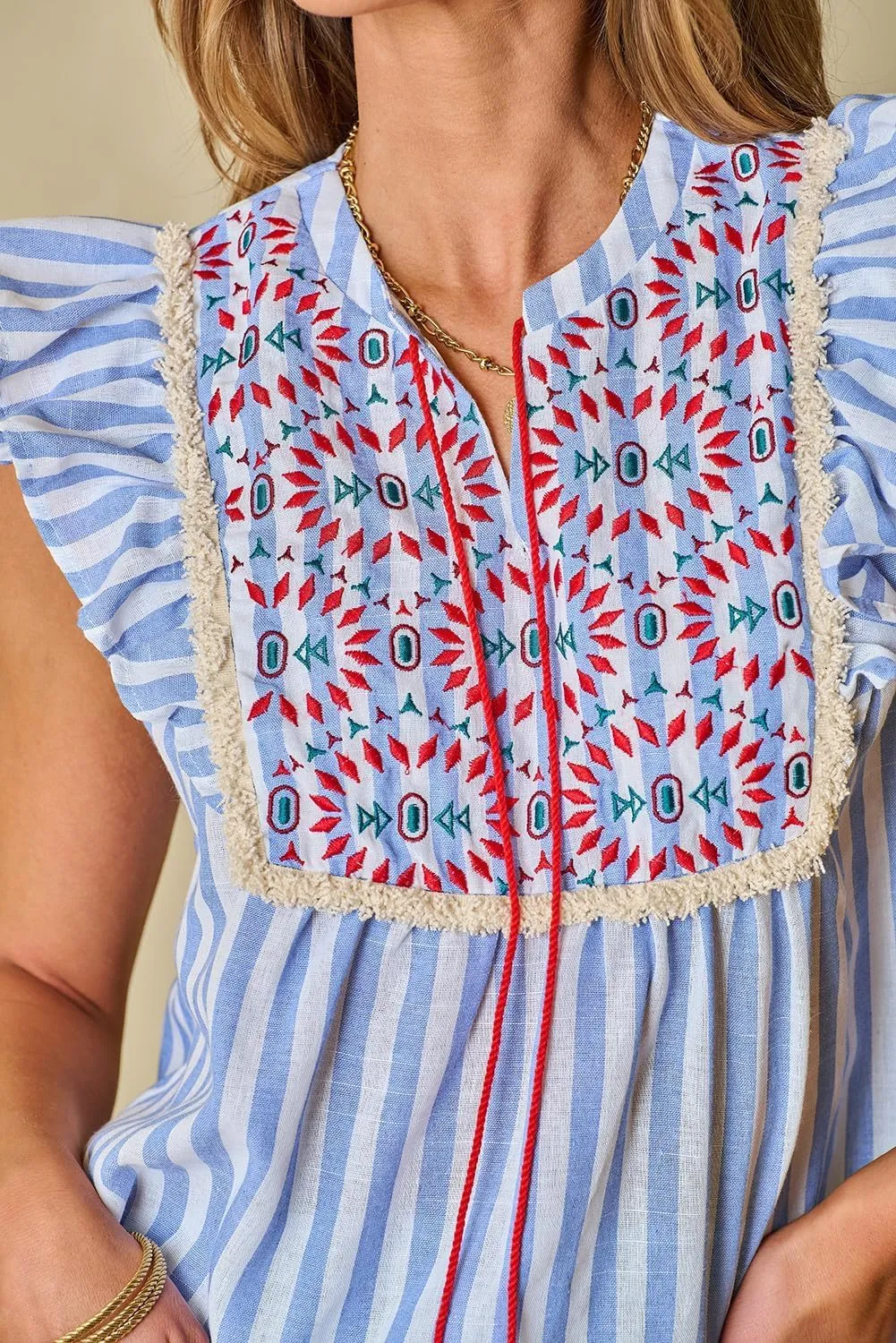 Chvity Women's Embroidered Peplum Tops - Bohemian Stripe Geo Pattern V-Neck 2025 Blouse Shirts with Ruffle Hem & Tassel Tie