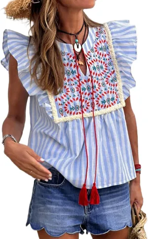 Chvity Women's Embroidered Peplum Tops - Bohemian Stripe Geo Pattern V-Neck 2025 Blouse Shirts with Ruffle Hem & Tassel Tie