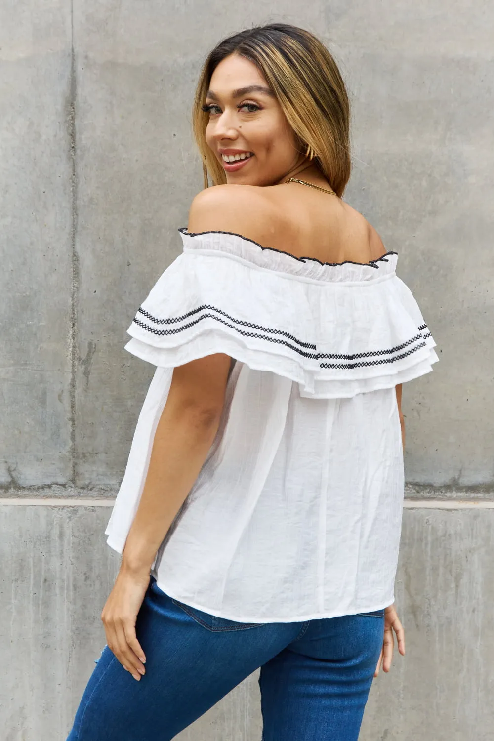 Contrasting Embroidery Detail Ruffle Blouse