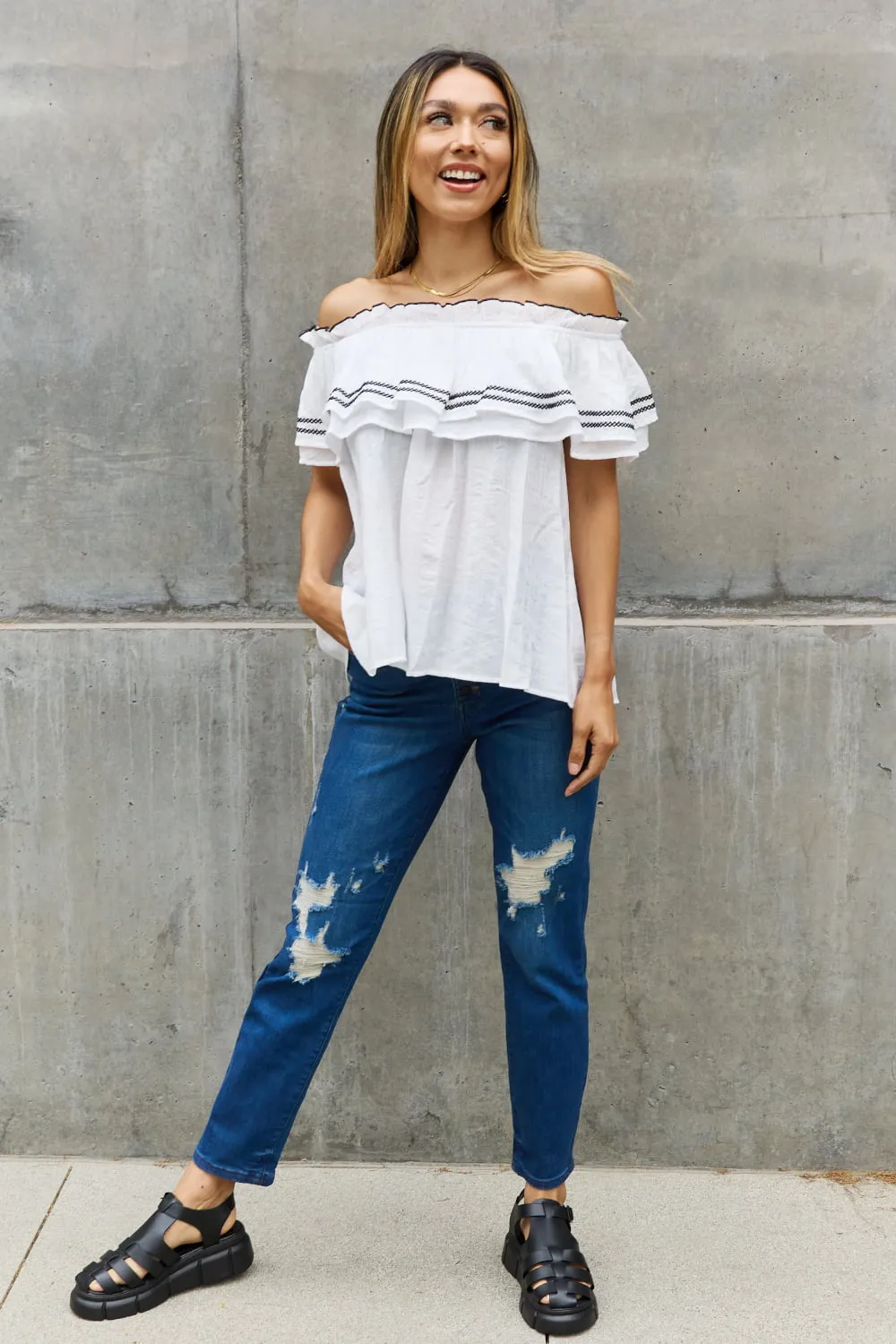 Contrasting Embroidery Detail Ruffle Blouse