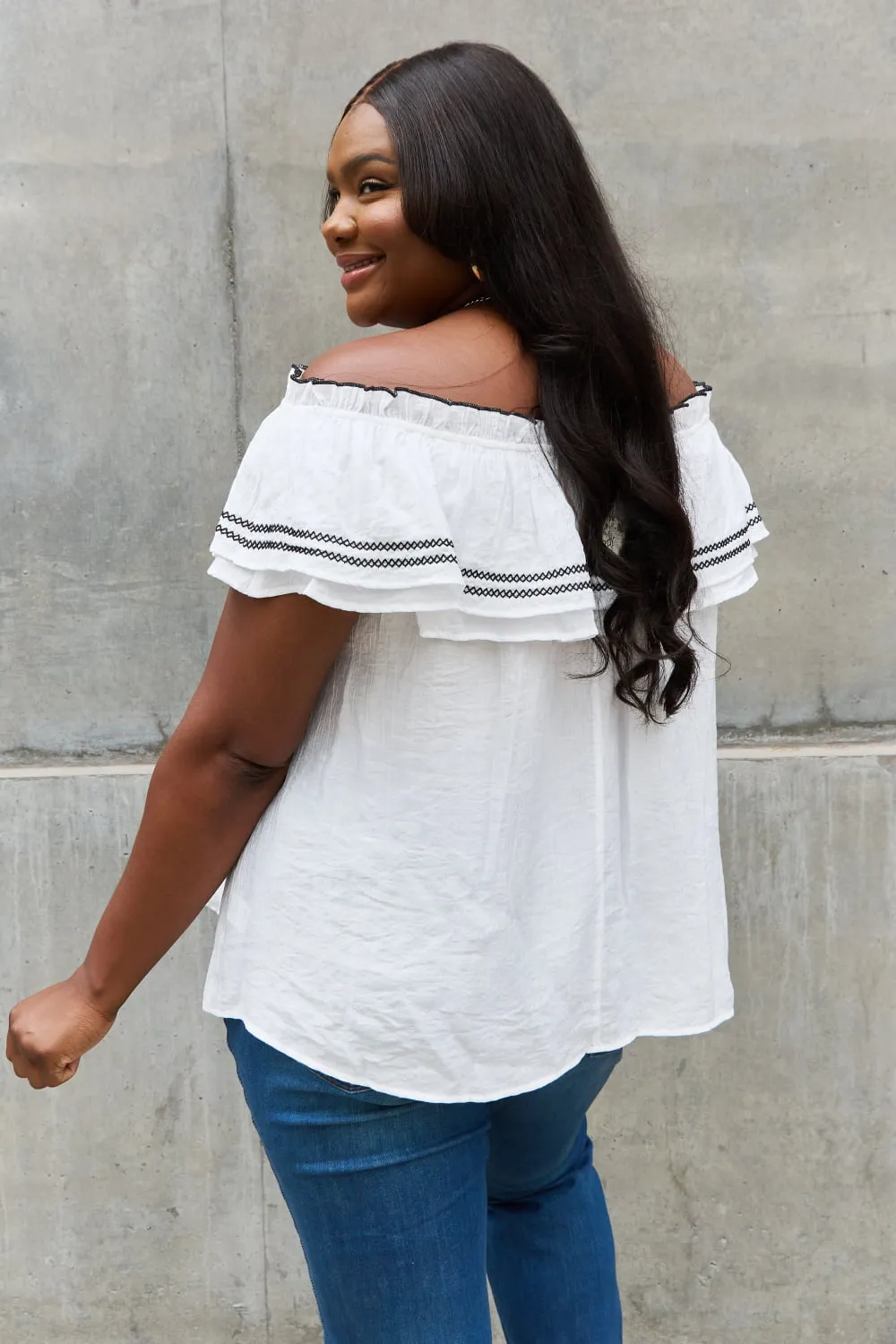 Contrasting Embroidery Detail Ruffle Blouse