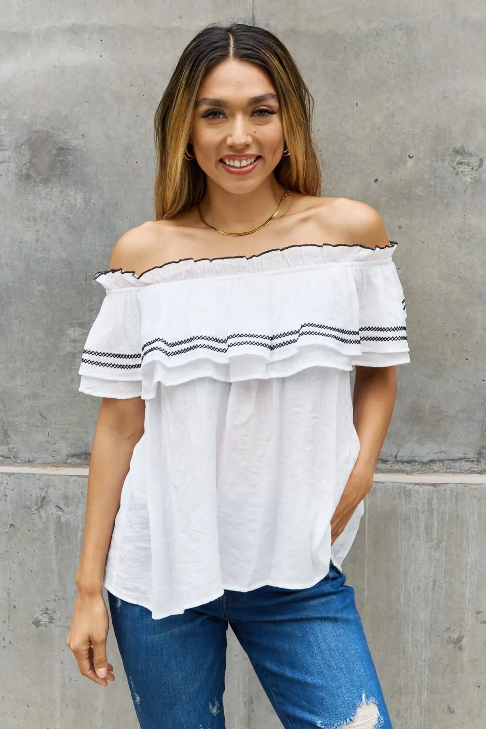 Contrasting Embroidery Detail Ruffle Blouse