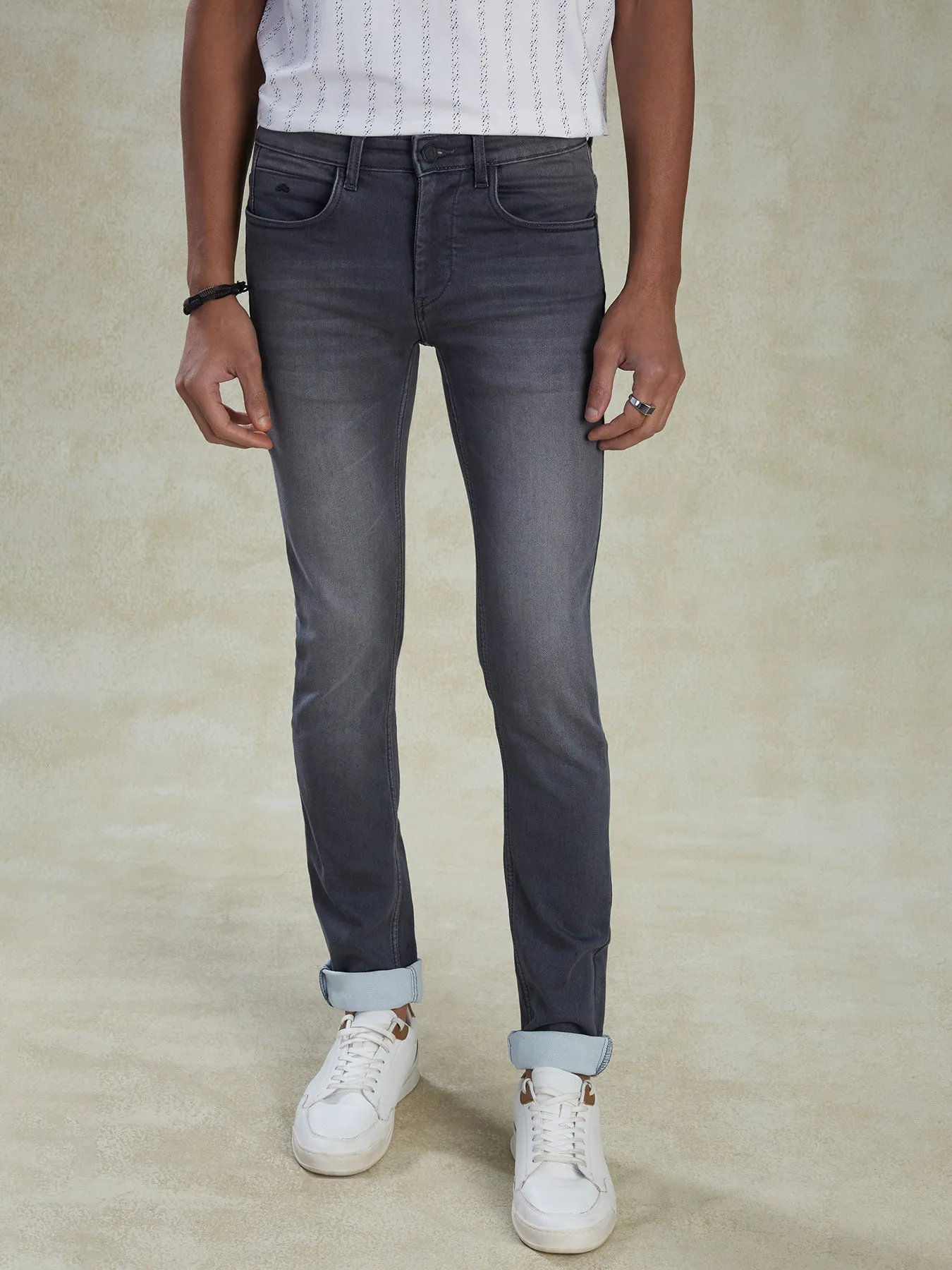 Cotton Stretch Grey Narrow Fit Flat Front Casual Mens Plain Jeans