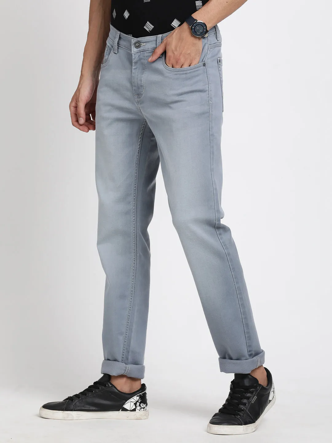 Cotton Stretch Light Grey Plain Narrow Fit Flat Front Casual Jeans