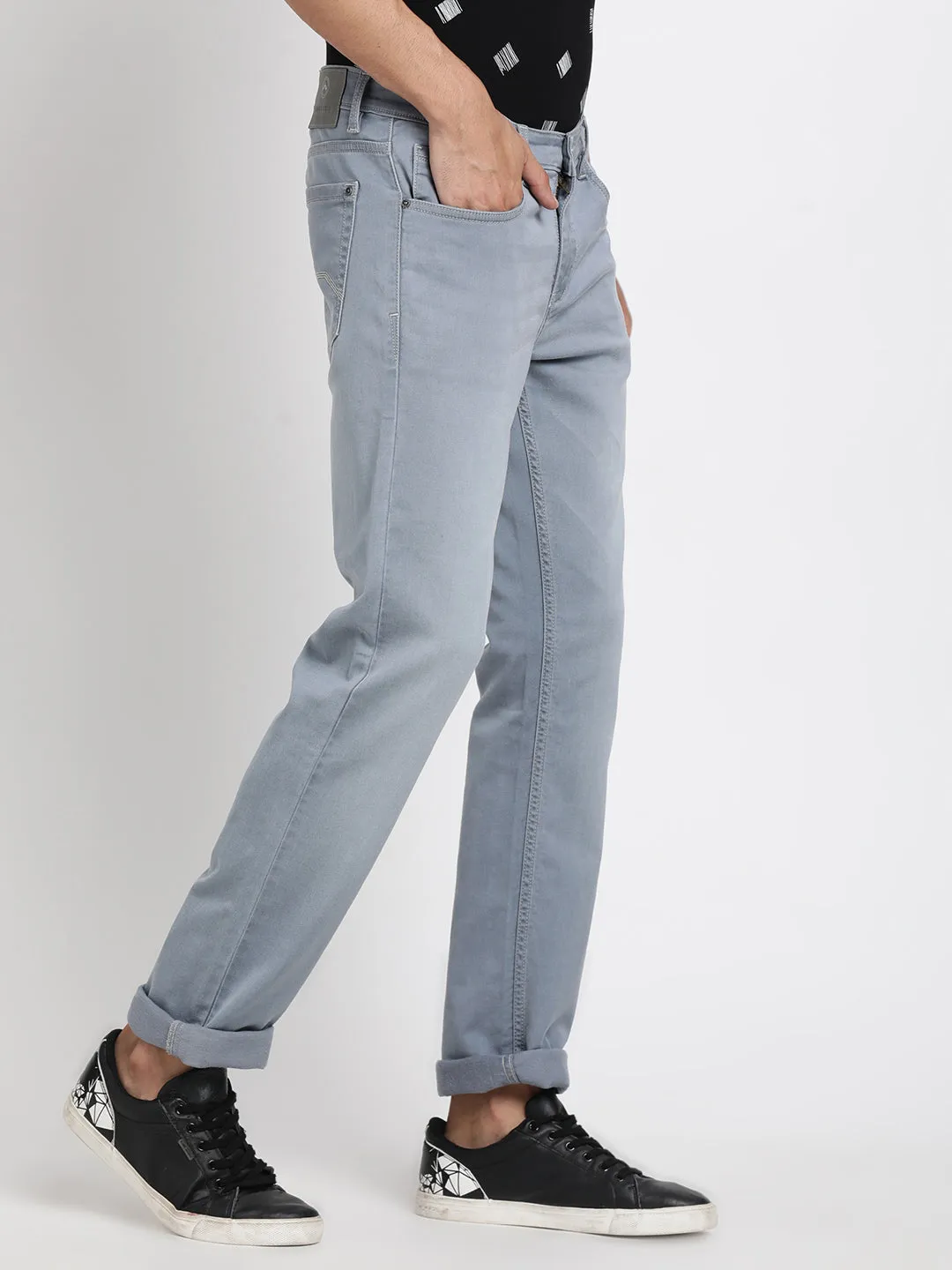 Cotton Stretch Light Grey Plain Narrow Fit Flat Front Casual Jeans