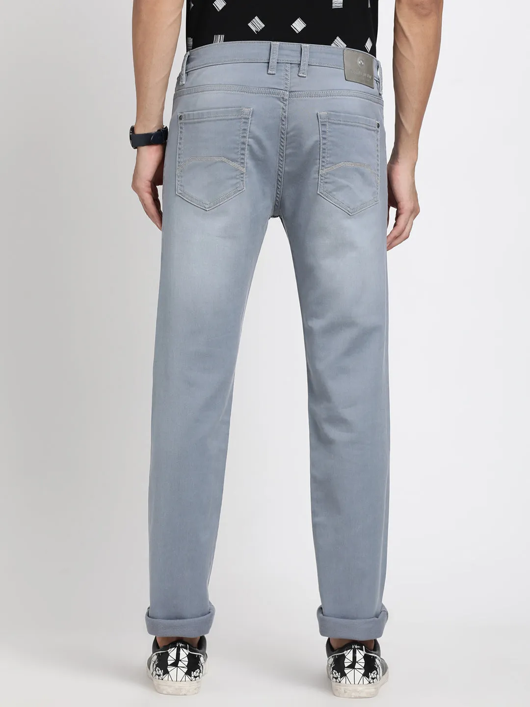 Cotton Stretch Light Grey Plain Narrow Fit Flat Front Casual Jeans