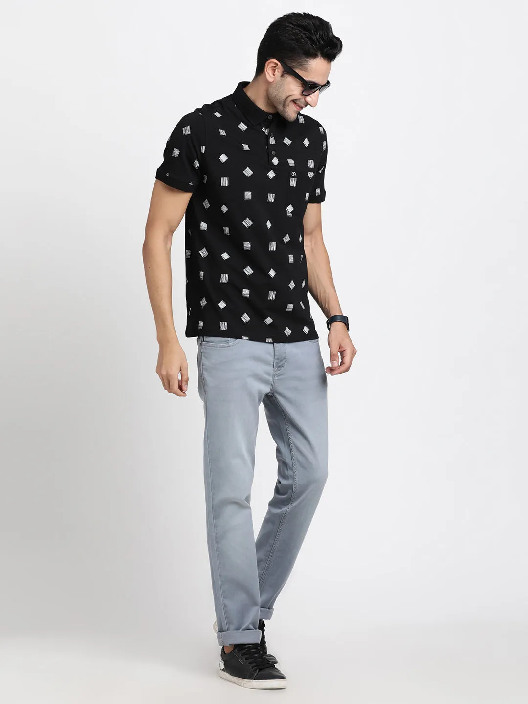 Cotton Stretch Light Grey Plain Narrow Fit Flat Front Casual Jeans