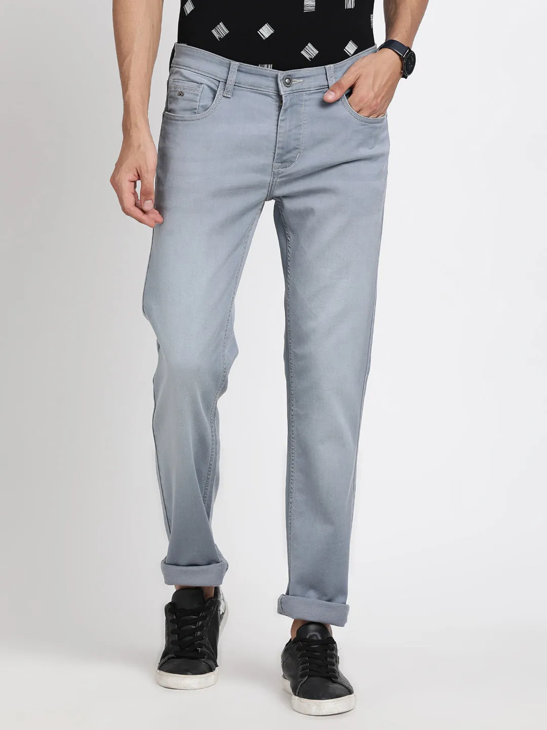 Cotton Stretch Light Grey Plain Narrow Fit Flat Front Casual Jeans