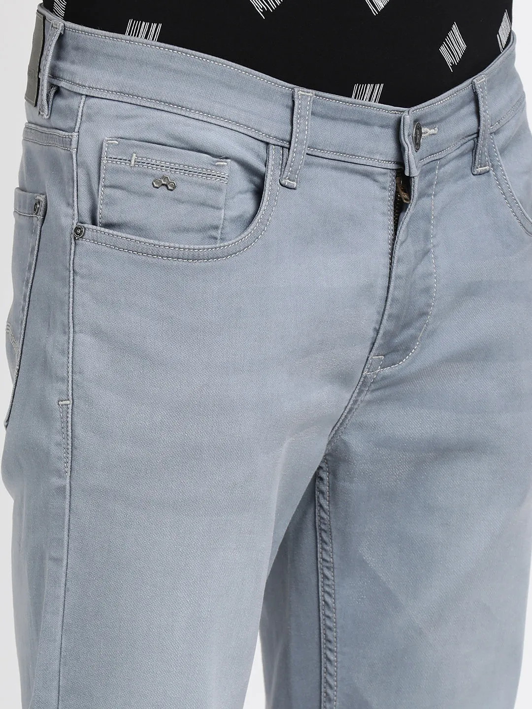Cotton Stretch Light Grey Plain Narrow Fit Flat Front Casual Jeans