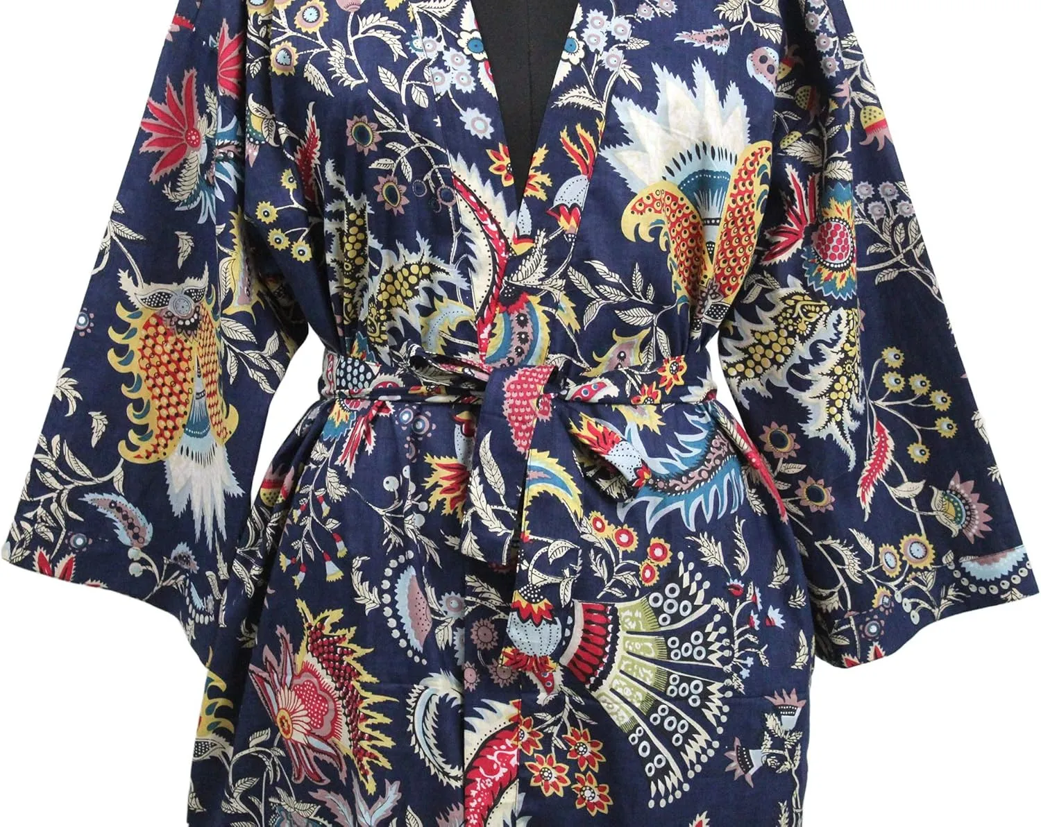 CRAFT KALA Women Kimono Robe Long Robes with Colorful Flowers Printed Blue Kimono Nightgown Colorful Flowers Blue One Size