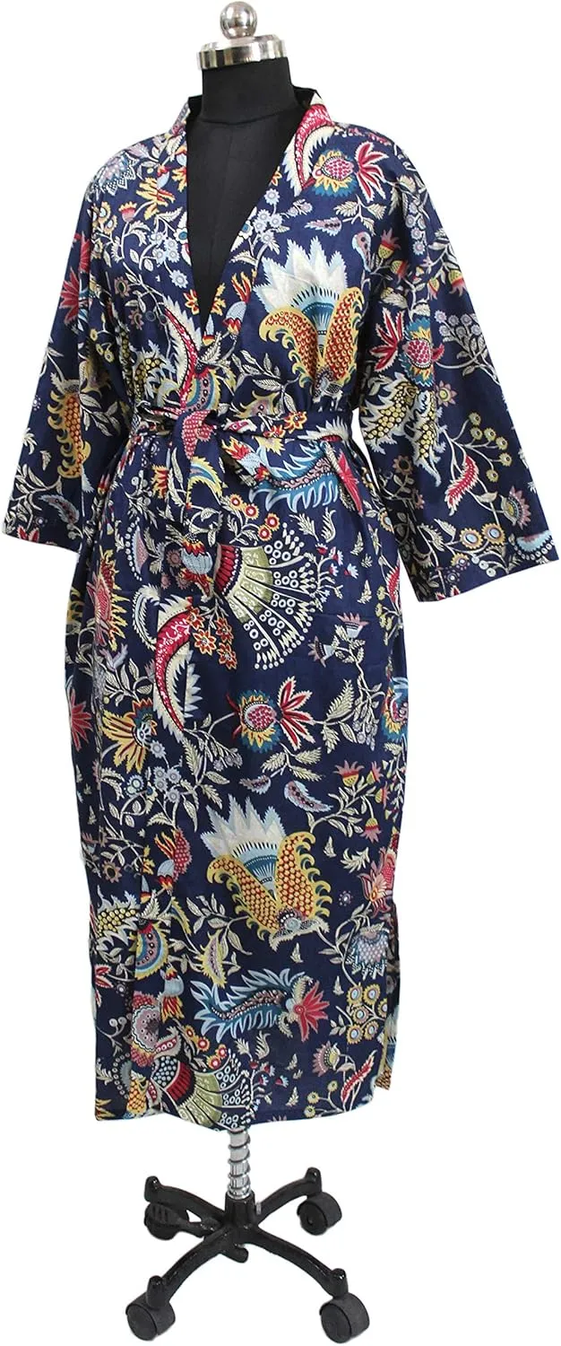 CRAFT KALA Women Kimono Robe Long Robes with Colorful Flowers Printed Blue Kimono Nightgown Colorful Flowers Blue One Size