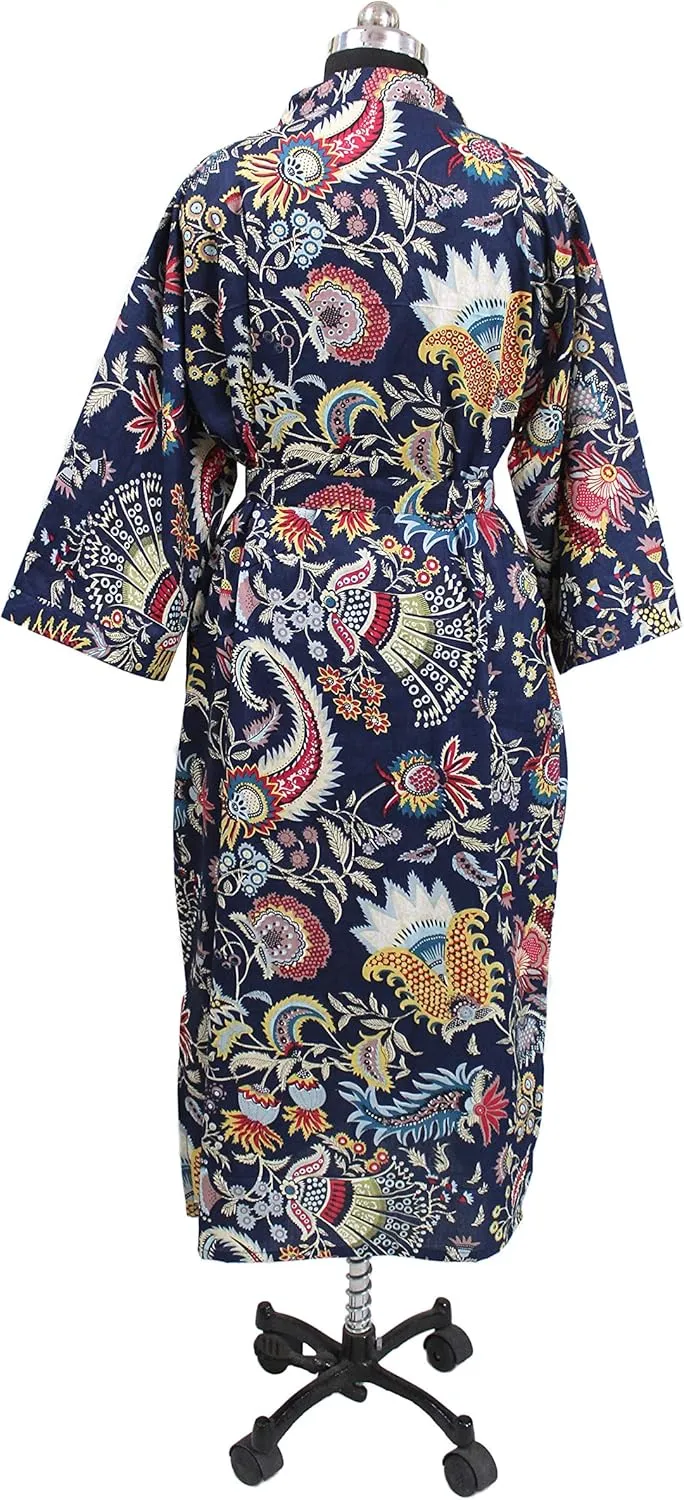 CRAFT KALA Women Kimono Robe Long Robes with Colorful Flowers Printed Blue Kimono Nightgown Colorful Flowers Blue One Size