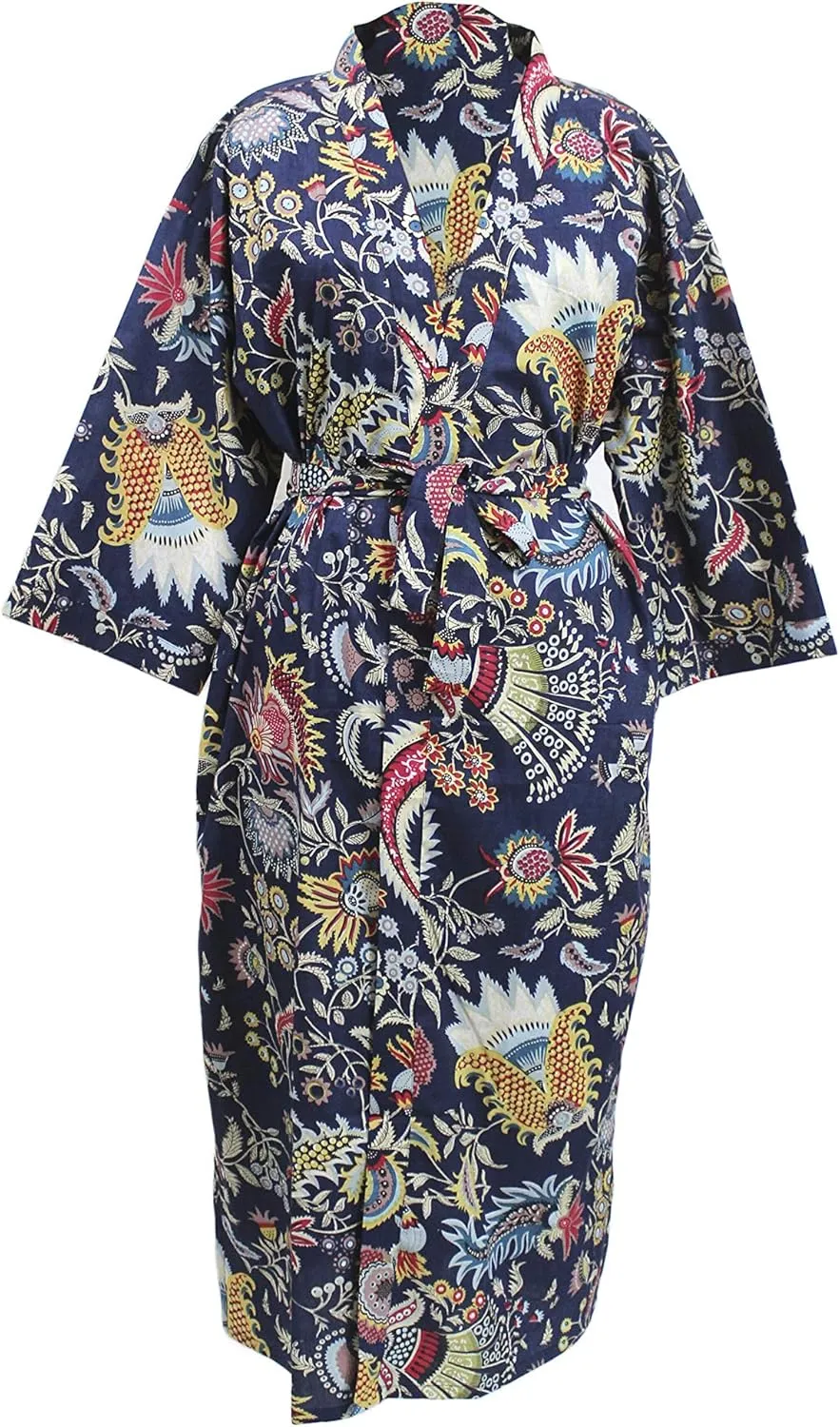 CRAFT KALA Women Kimono Robe Long Robes with Colorful Flowers Printed Blue Kimono Nightgown Colorful Flowers Blue One Size