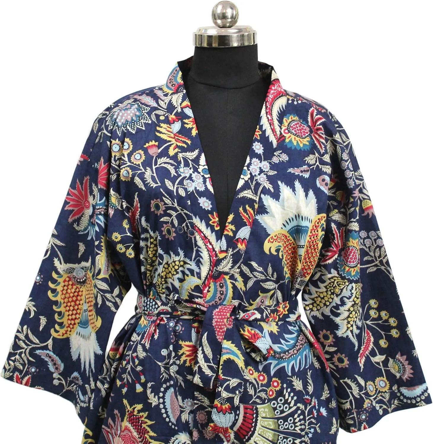 CRAFT KALA Women Kimono Robe Long Robes with Colorful Flowers Printed Blue Kimono Nightgown Colorful Flowers Blue One Size