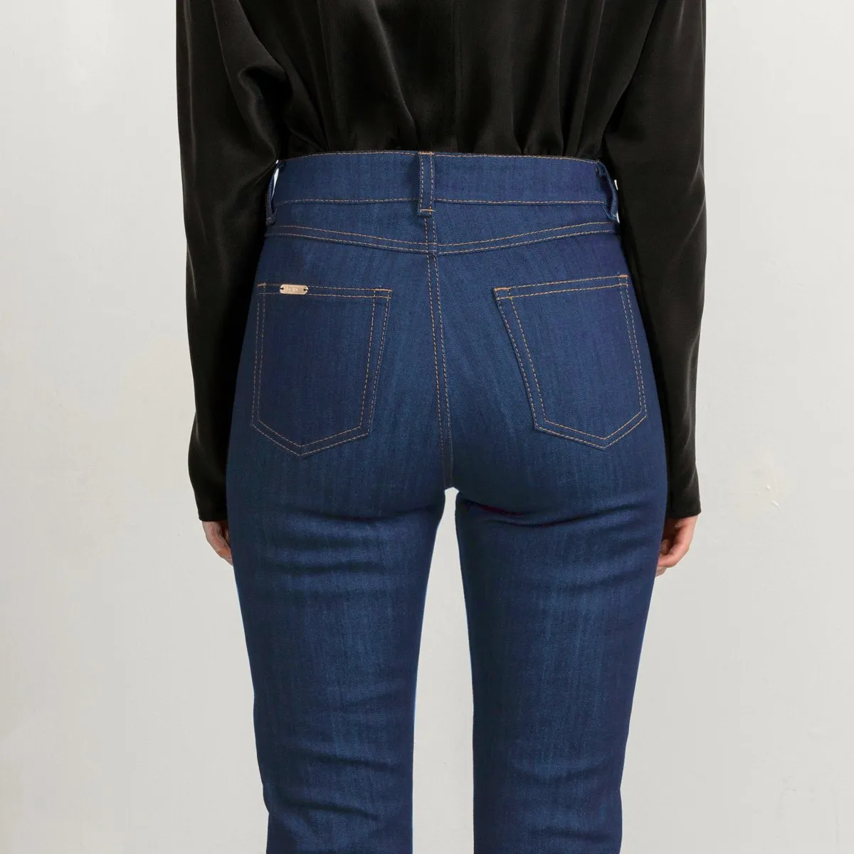 Cropped Straight Leg Denim In Mid Blue with Tobacco Stitch