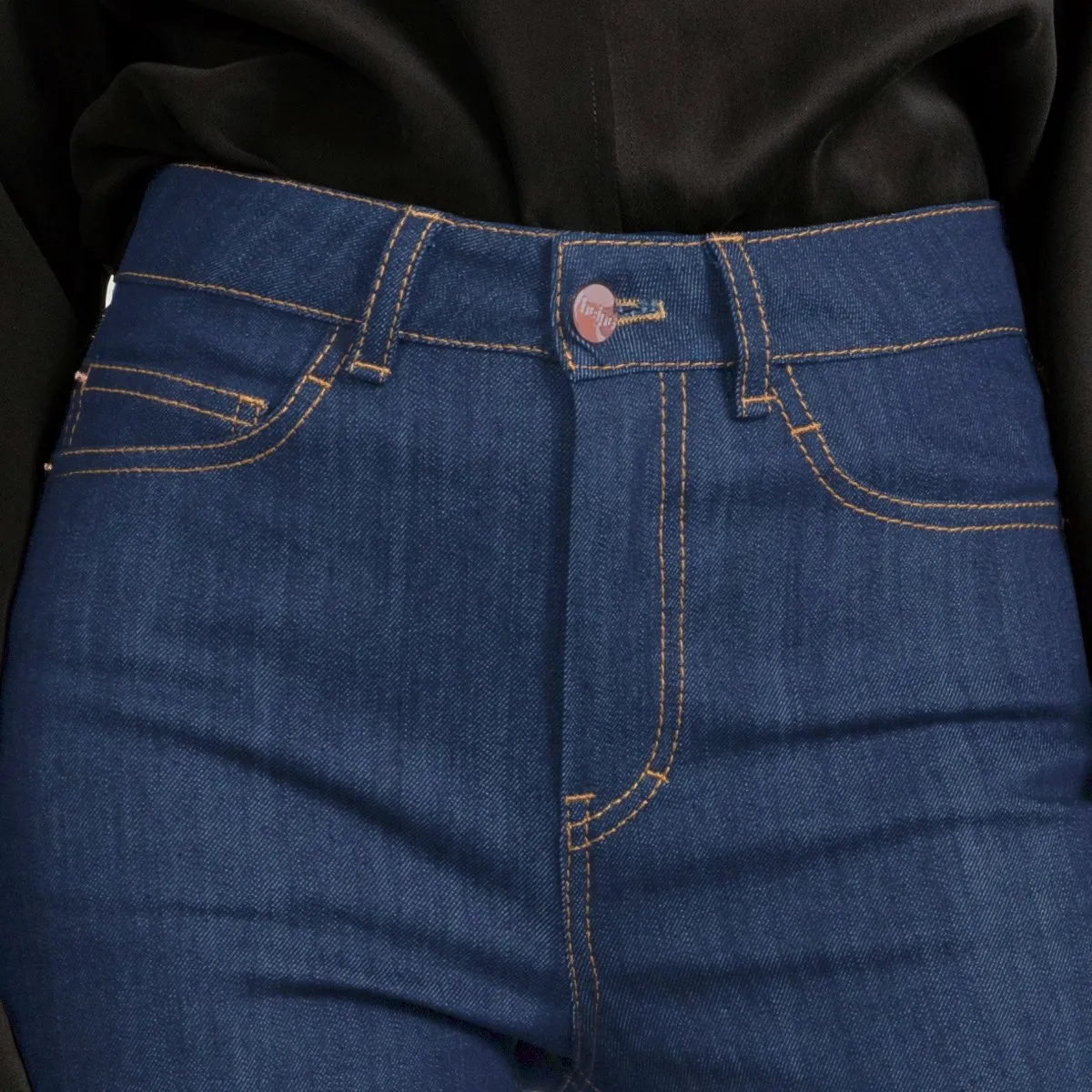 Cropped Straight Leg Denim In Mid Blue with Tobacco Stitch