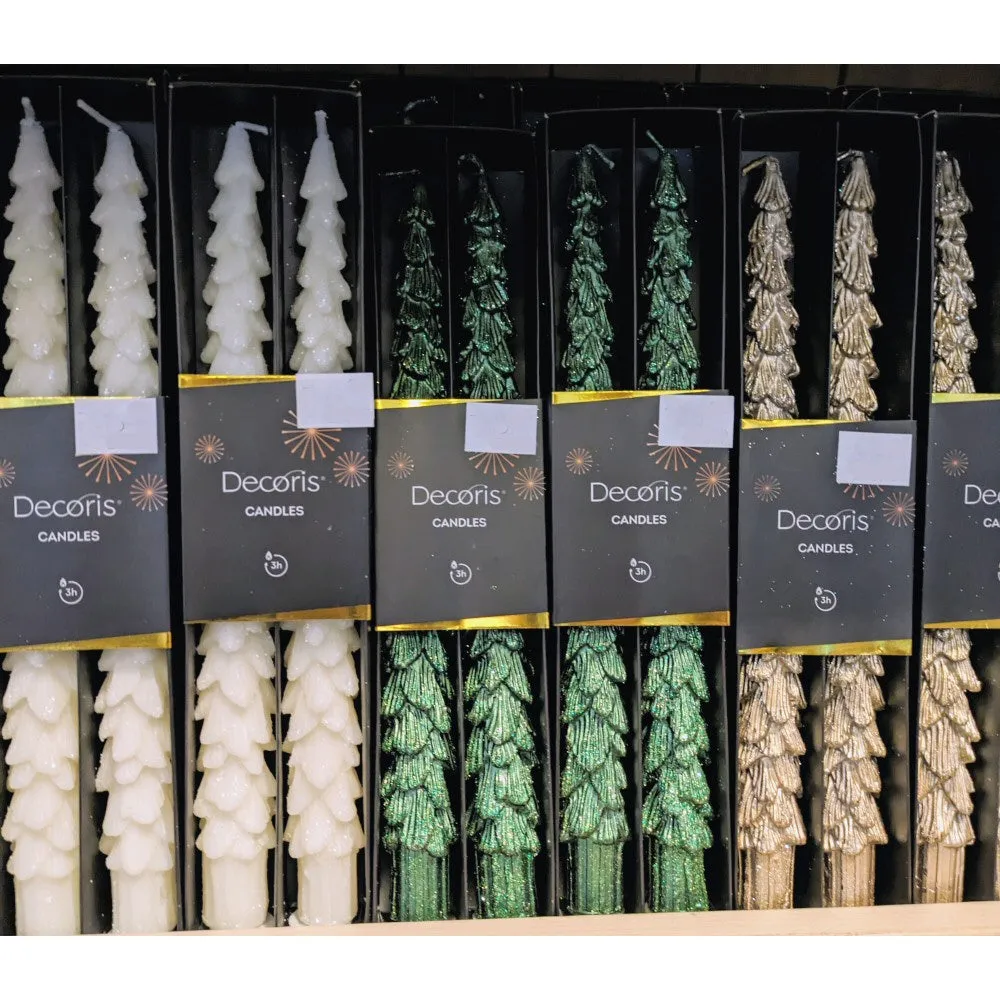 Decoris White Glitter Christmas Tree Dinner Candle (Set of 2)
