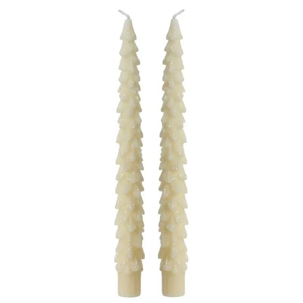 Decoris White Glitter Christmas Tree Dinner Candle (Set of 2)